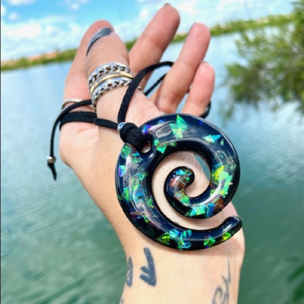 Black & iridescent glitter tribal spiral necklace